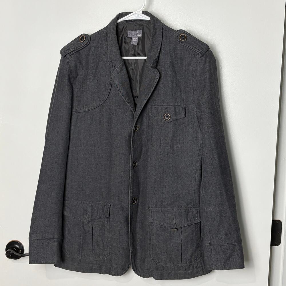 H&M Charcoal Herringbone Military Field Jacket Cotton Utility Blazer 44R